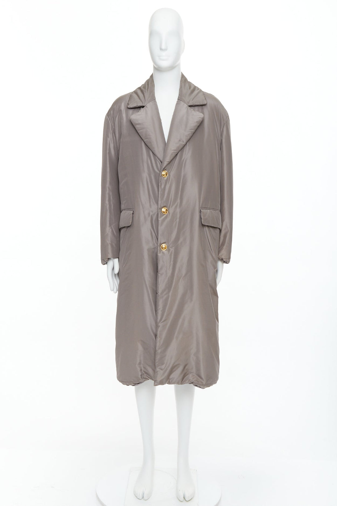 VERSACE 100% silk stone grey padded gold Medusa buttons long belted coat IT50 L