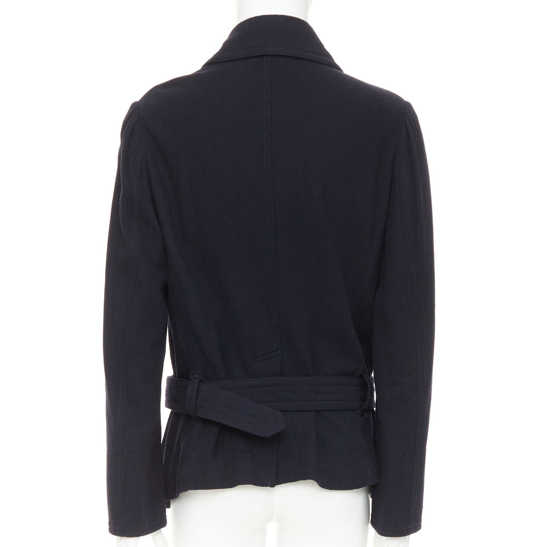 Y'S YOHJI YAMAMOTO black wool double breasted belted short peacoat jacket JP3 L