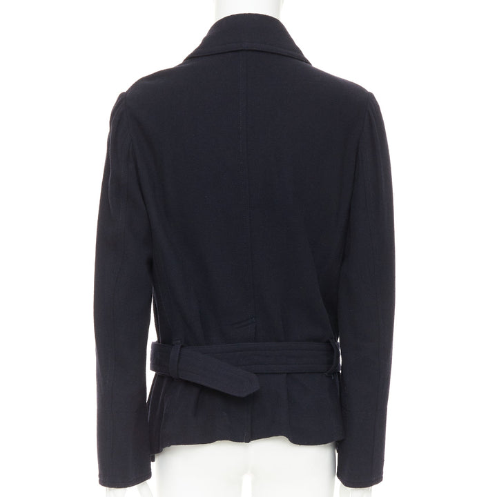 Y'S YOHJI YAMAMOTO black wool double breasted belted short peacoat jacket JP3 L