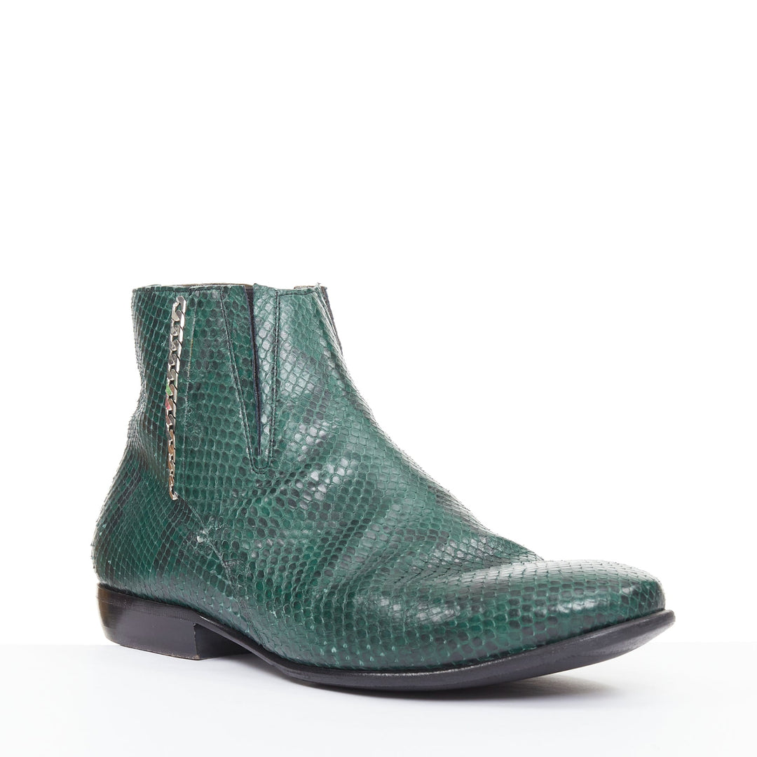 LANVIN 2012 Vintage green scaled leather silver chain ankle boots UK9 EU43