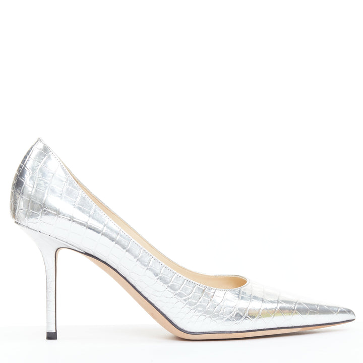 JIMMY CHOO Love mirrored silver croc embossed leather pointy pumps EU39.5