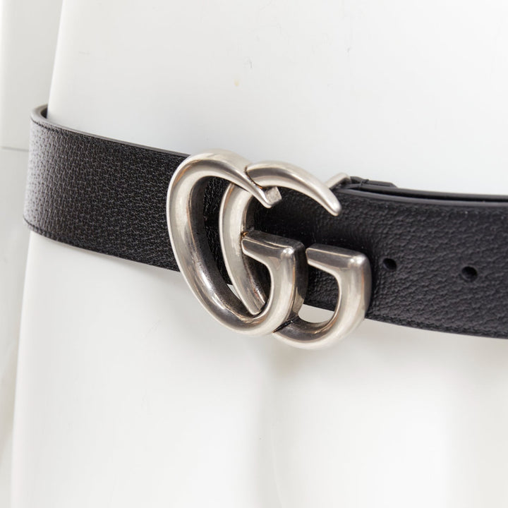 GUCCI Marmont black textured leather silver GG logo wide belt 100cm
