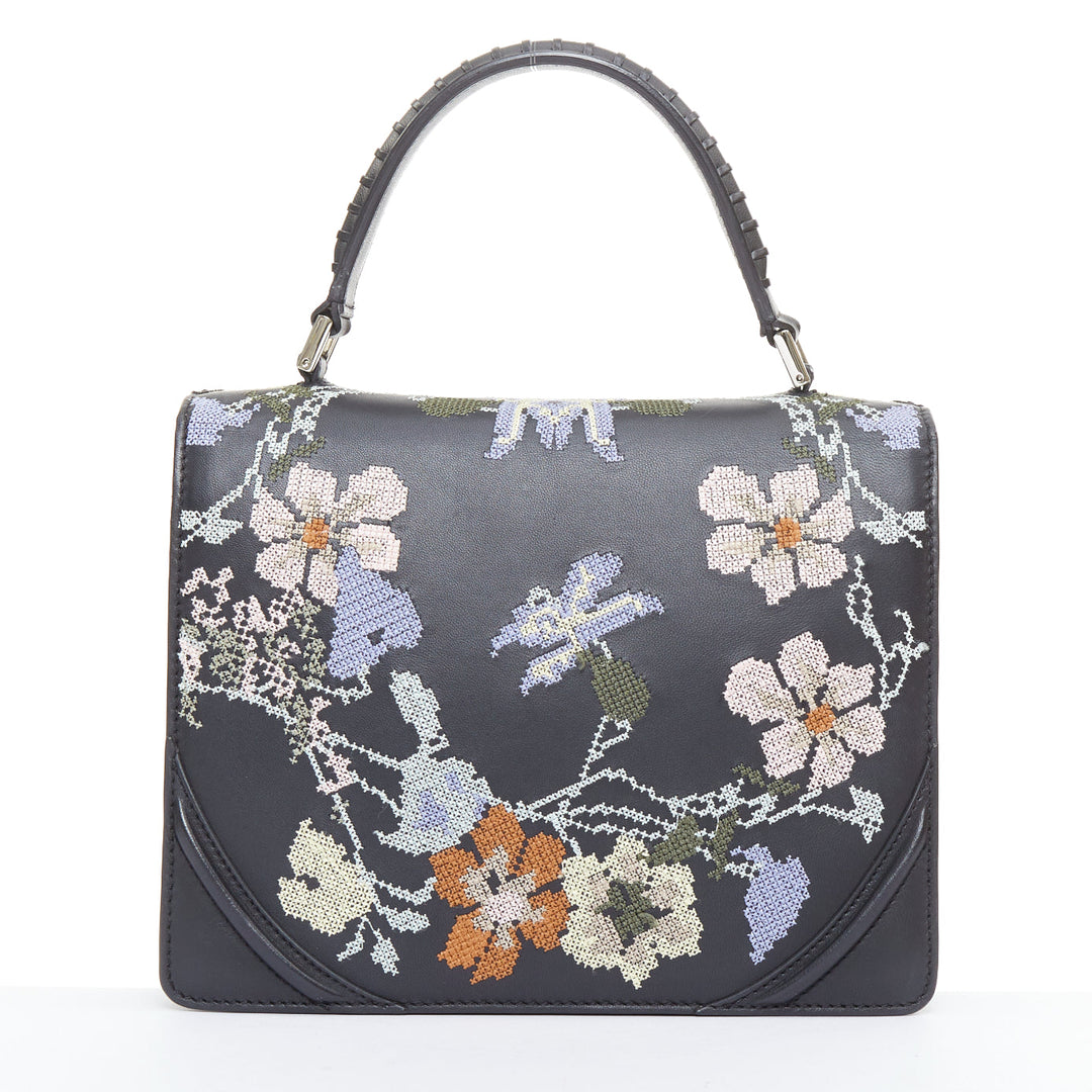 ALEXANDER MCQUEEN black lambskin leather floral embroidered 2 way satchel bag