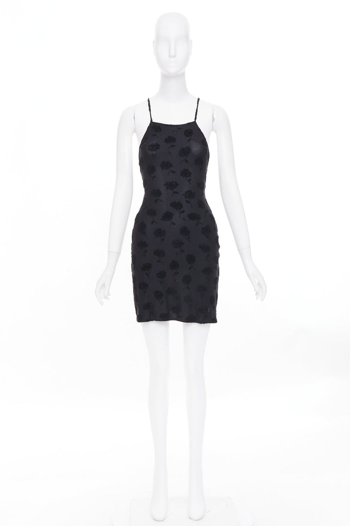 EMPORIO ARMANI Vintage black floral flock velvet jacquard slip dress IT38 XS