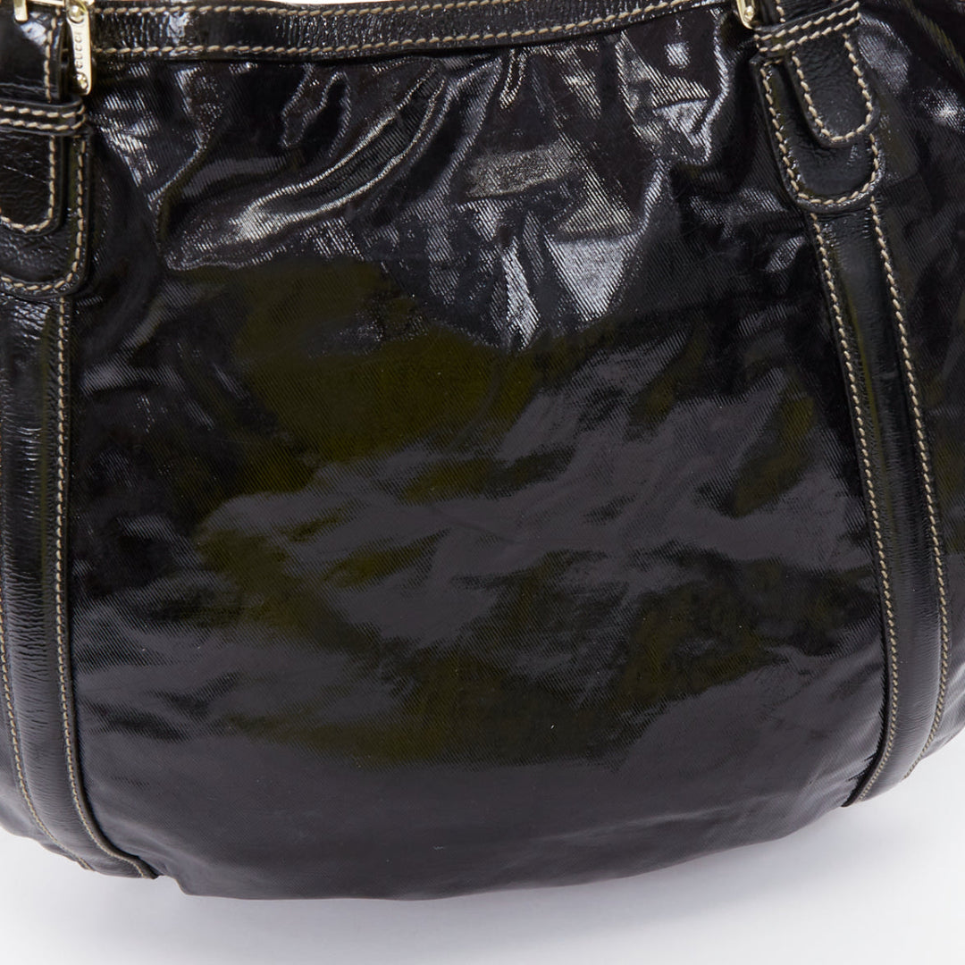 GUCCI Vintage Britt black patent gold GG logo webbing satchel tote bag