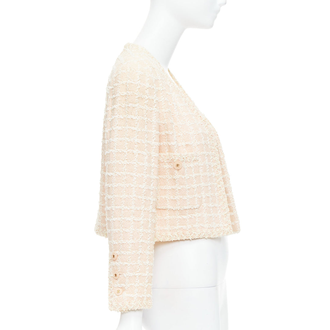 rare CHANEL 94P Vintage pink cotton tweed cropped jacket FR40 L