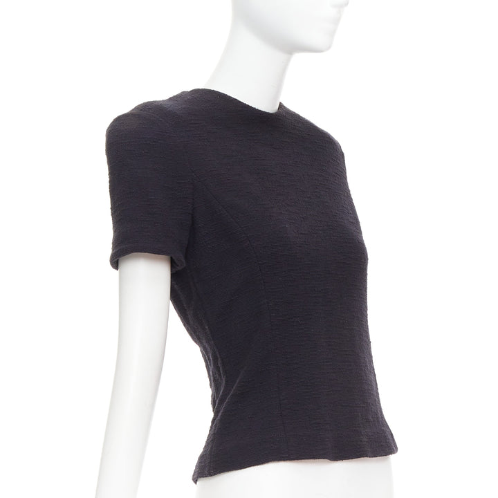 BALMAIN black cotton tweed gold Lionhead button zip back top FR38 M