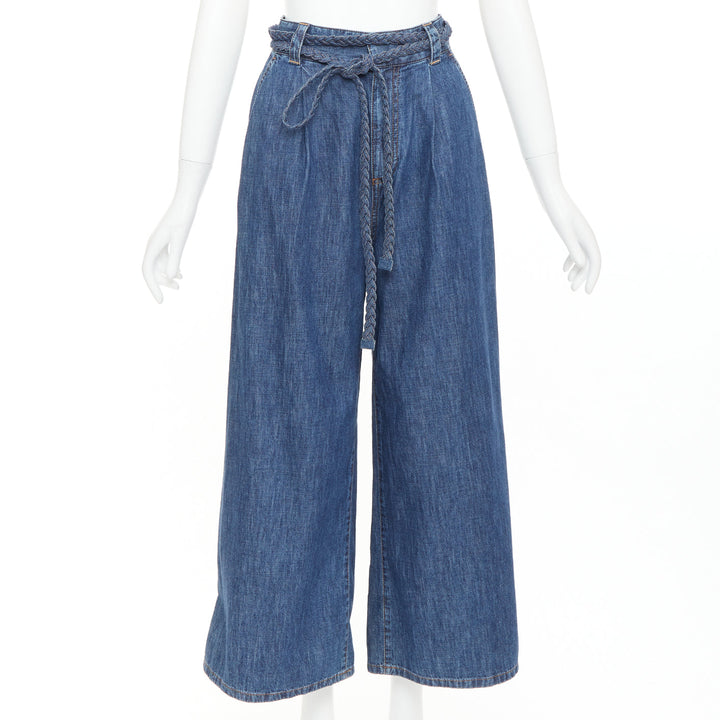 CHRISTIAN DIOR blue washed cotton braided wrap tie belt wide jeans FR34 XS