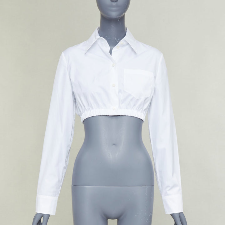 PRADA 2022 white cotton logo embroidered pocket elastic waist crop shirt IT38 XS