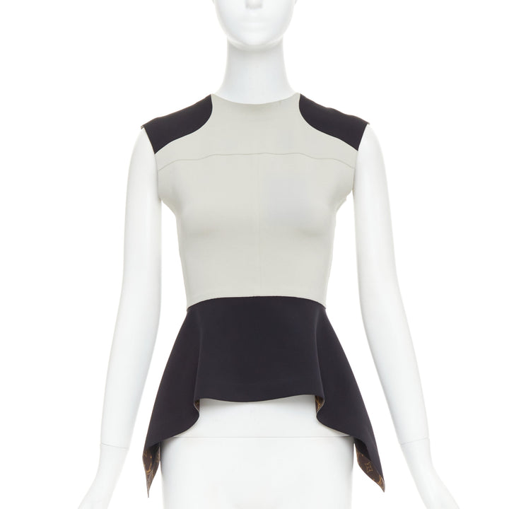 LOUIS VUITTON grey black colorblocked LV canvas peplum top FR38 M