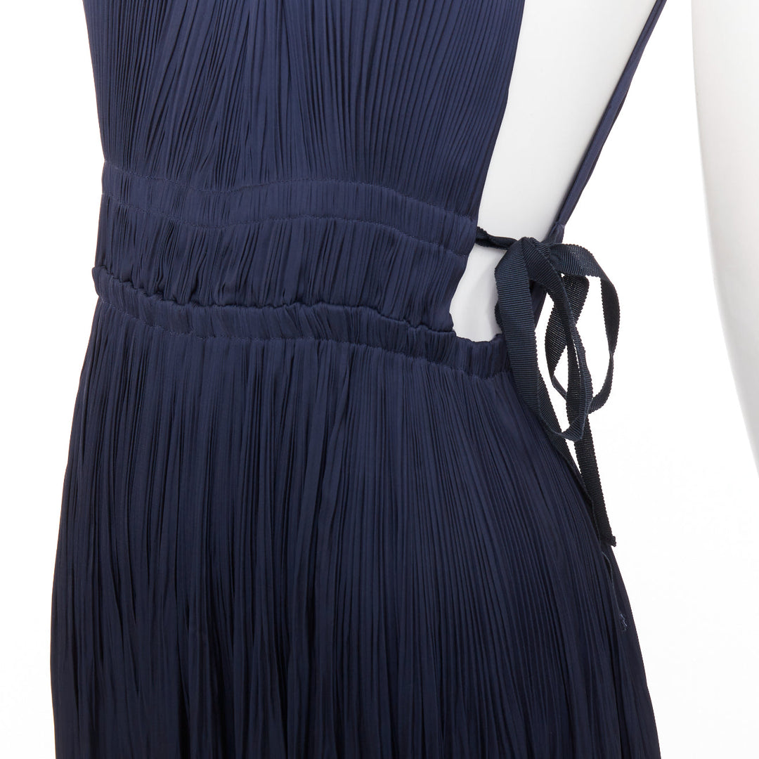 ULLA JOHNSON midnight blue pleated halter neck drawstring tie midi dress US0 XS