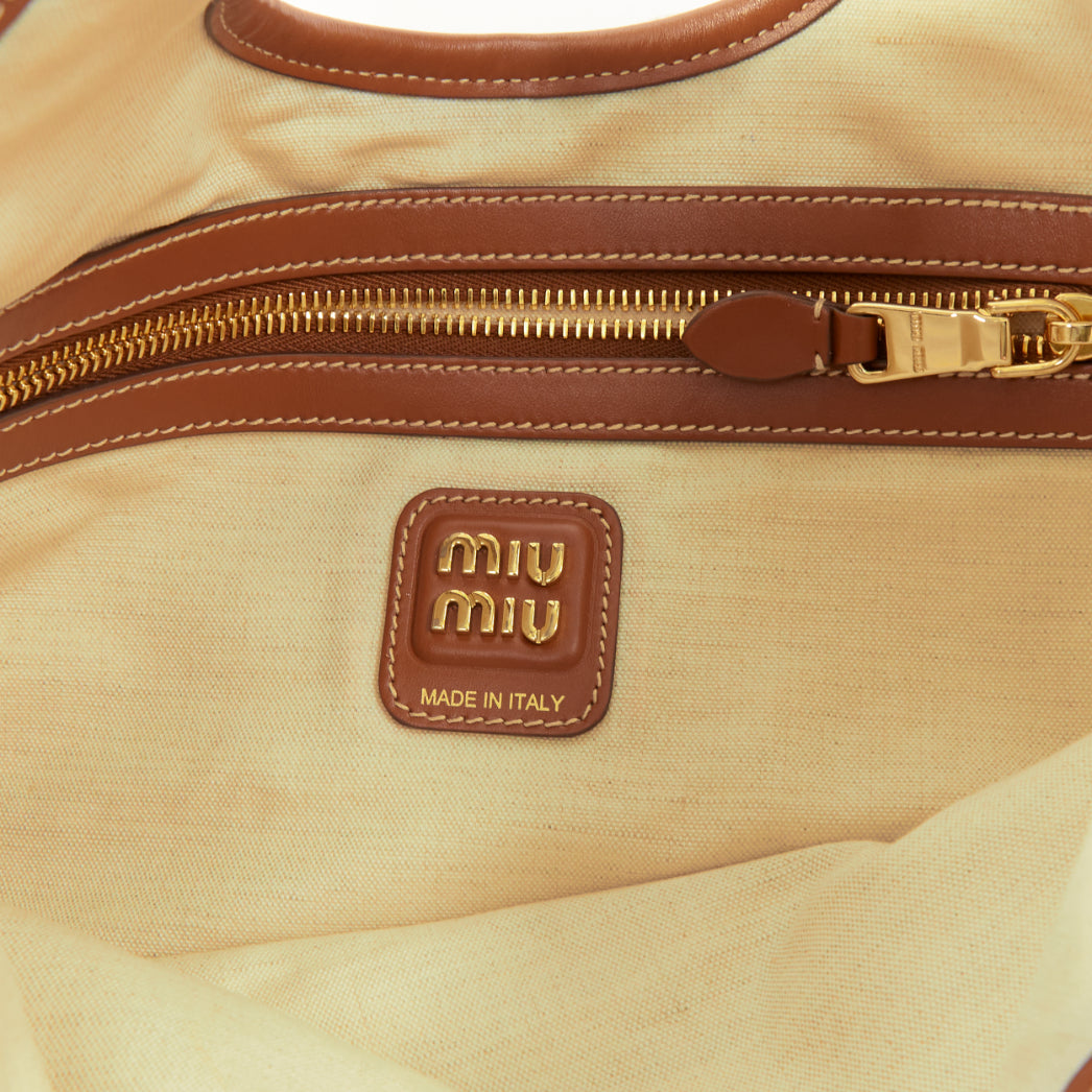 MIU MIU 2023 Ivy beige canvas brandy brown leather trim shoulder tote bag