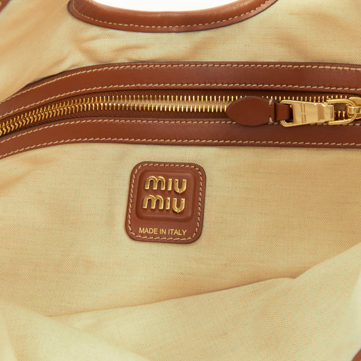 MIU MIU 2023 Ivy beige canvas brandy brown leather trim shoulder tote bag