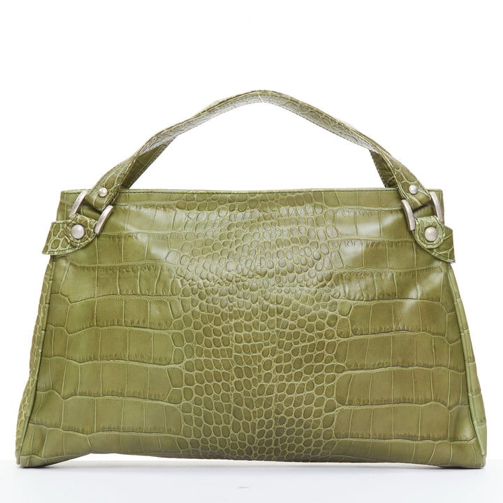 MARNI olive green croc embossed leather front zip pocket satchel bag