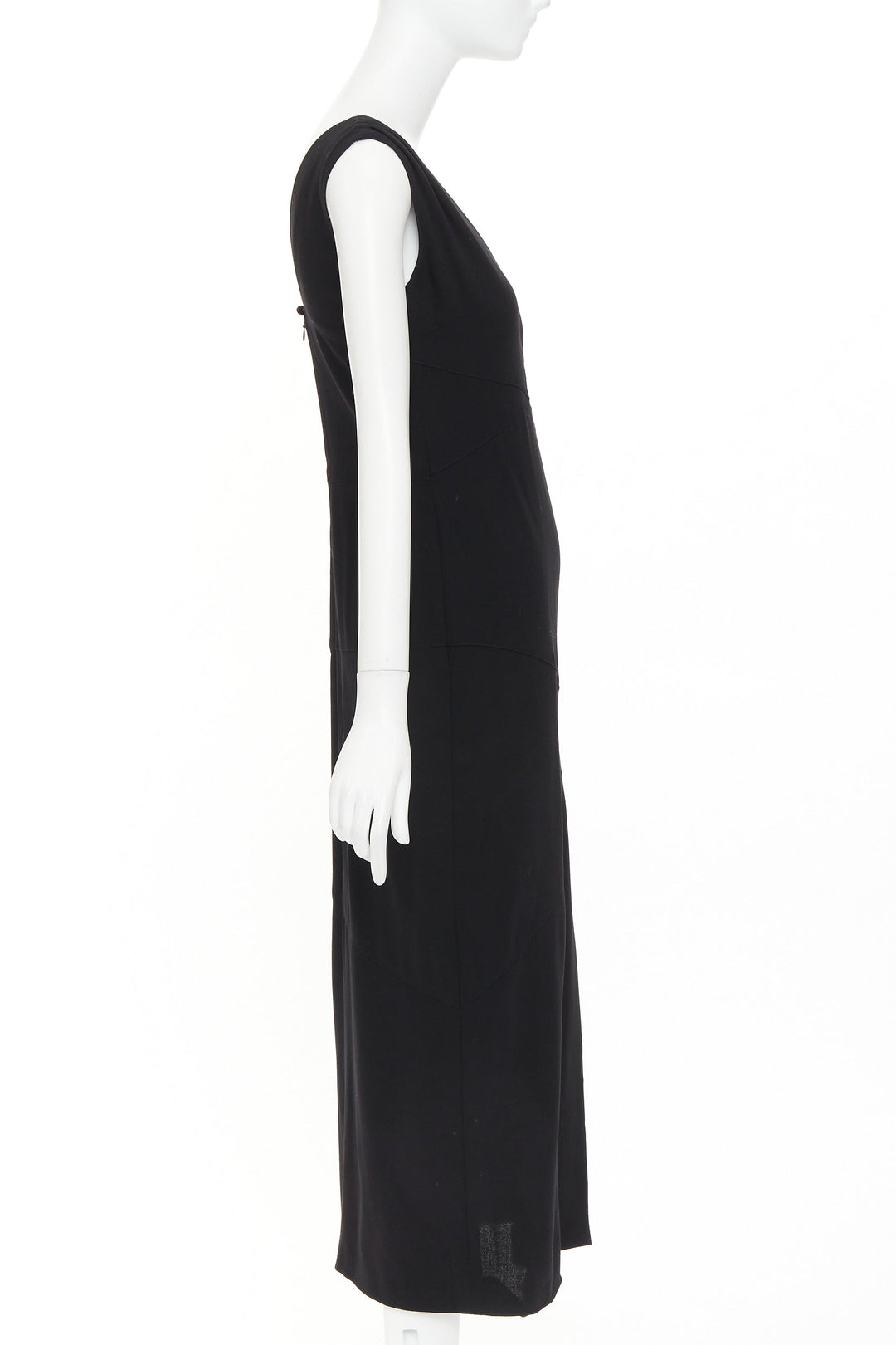 CHANEL 1998 asymmetric surplice black wool crepe cocktail sheath dress FR38 M
