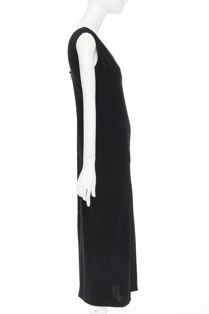 CHANEL 1998 asymmetric surplice black wool crepe cocktail sheath dress FR38 M