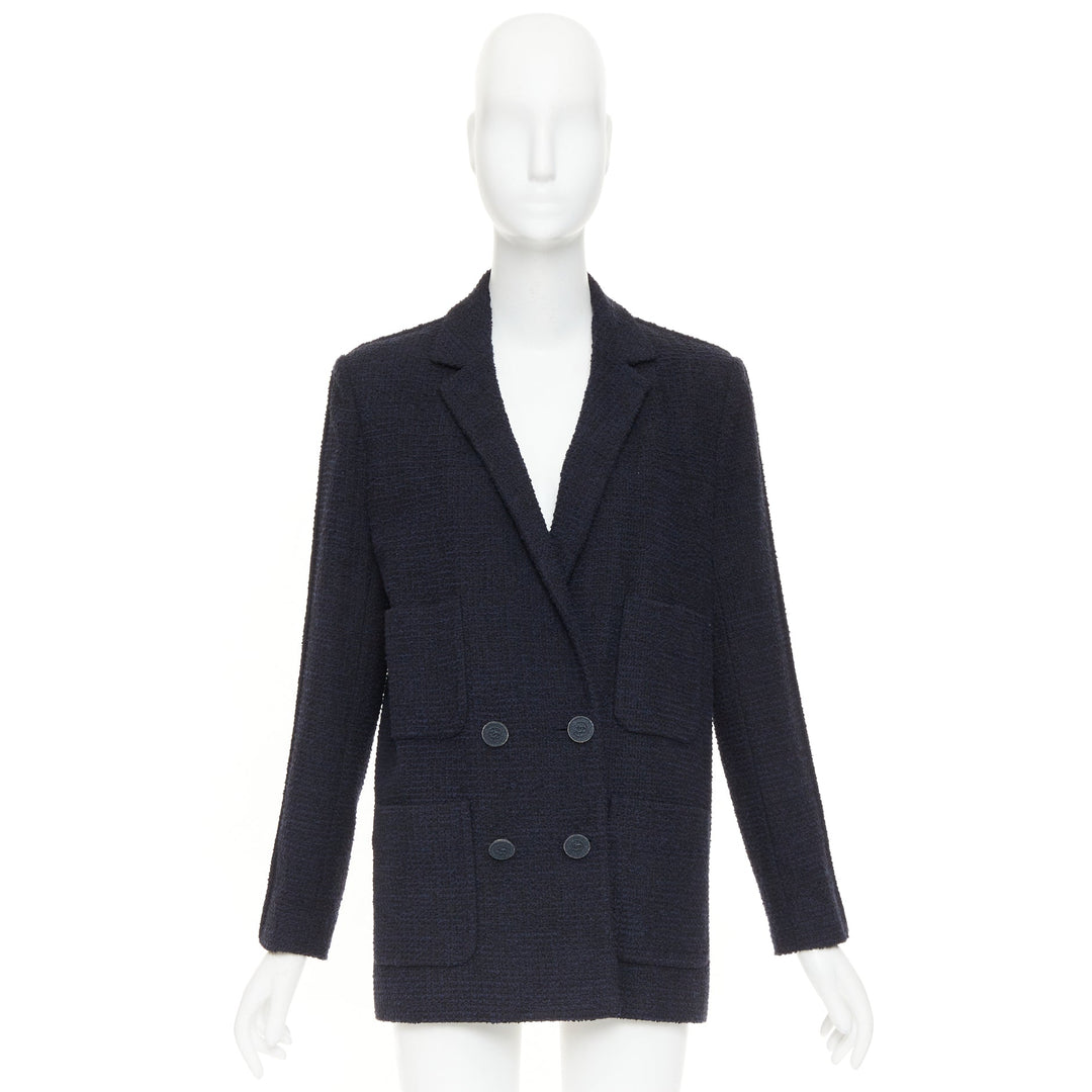 CHANEL navy cotton tweed boucle four pocket double breasted jacket FR40 M