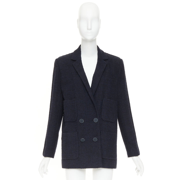 CHANEL navy cotton tweed boucle four pocket double breasted jacket FR40 M