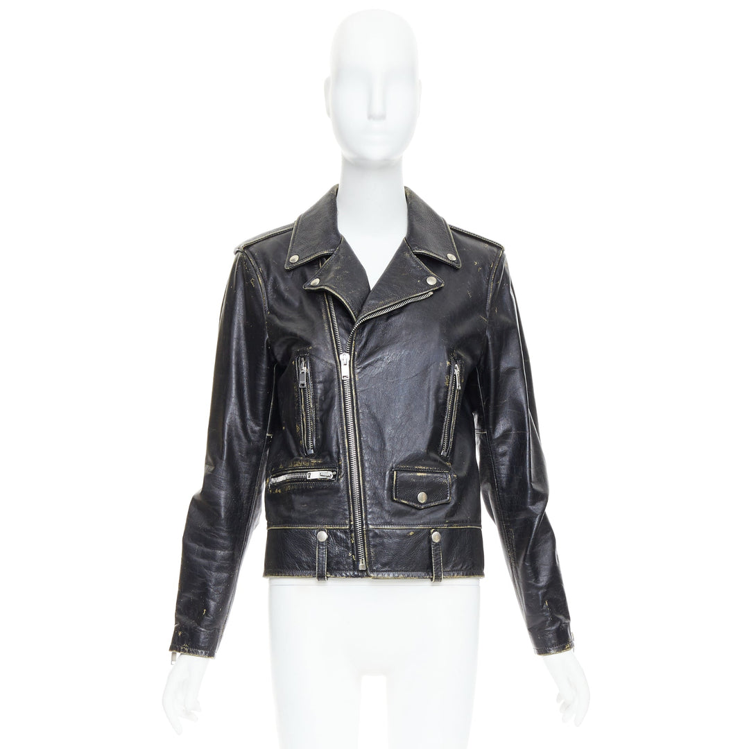 SAINT LAURENT 2015 black calfskin distressed classic biker jacket FR46 S