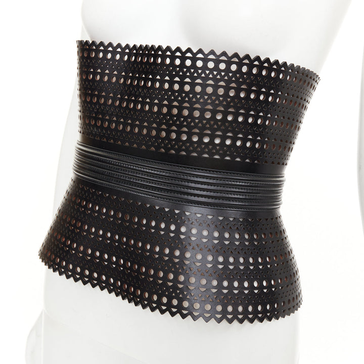 ALAIA Black Vienne openwork laser cut triple buckle leather corset belt 65cm