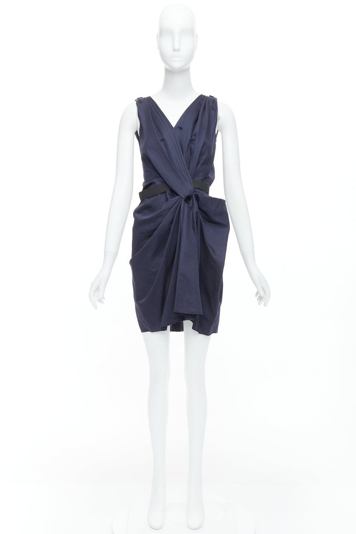 LANVIN 2010 navy ramie cotton drape black belted mini dress FR36 S