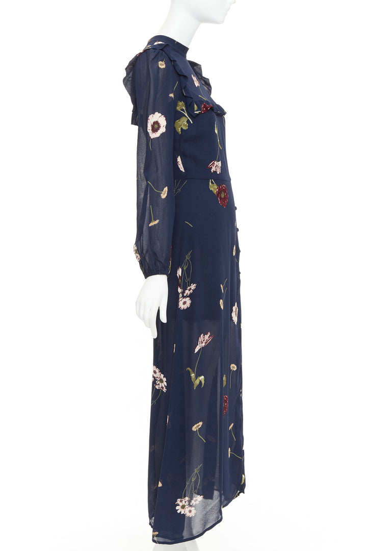 REFORMATION Gillian navy viscose floral print hi neck peasant dress US2 S