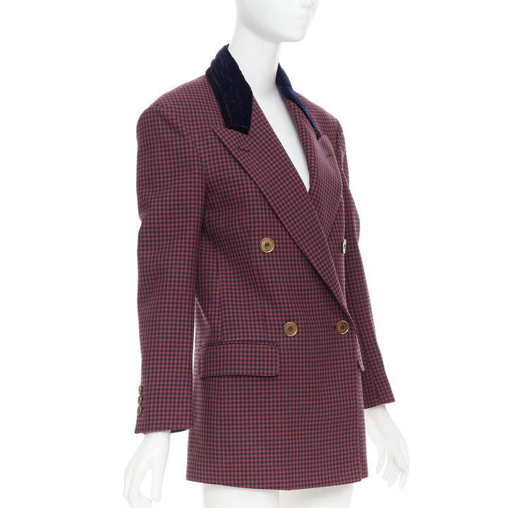 FENDI burgundy wool checkered purple velvet collar double breast blazer IT34 XS