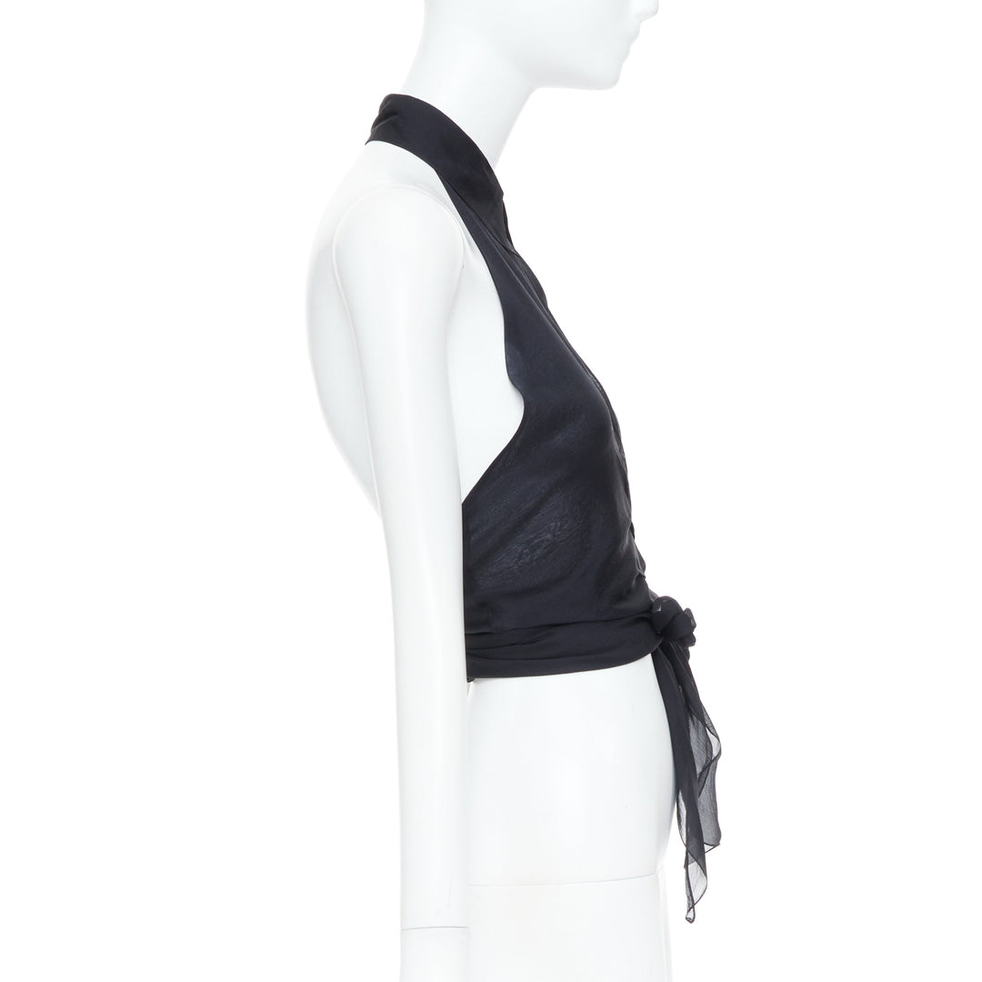 EMPORIO ARMANI black sheer silk chiffon halter wrap self tie top IT38 XS