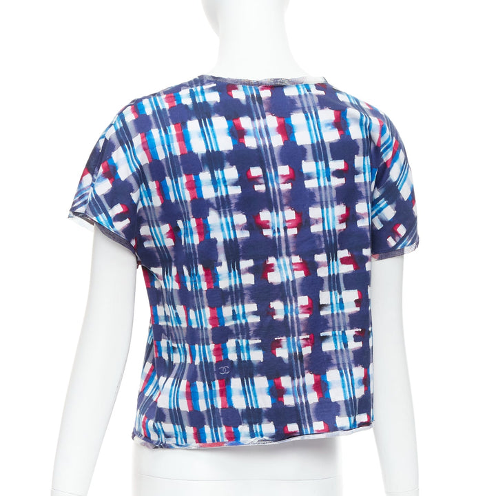 CHANEL 17P Runway blue red check CC logo print silk trim crop top FR36 S