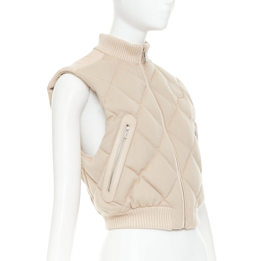 HERMES beige quilted waterproof 100% cashmere lambskin down puffer vest FR34 XXS