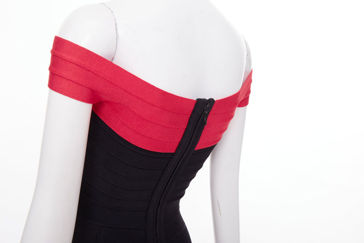 HERVE LEGER red colorblock off shoulder bandage bodycon cocktail dress XXS