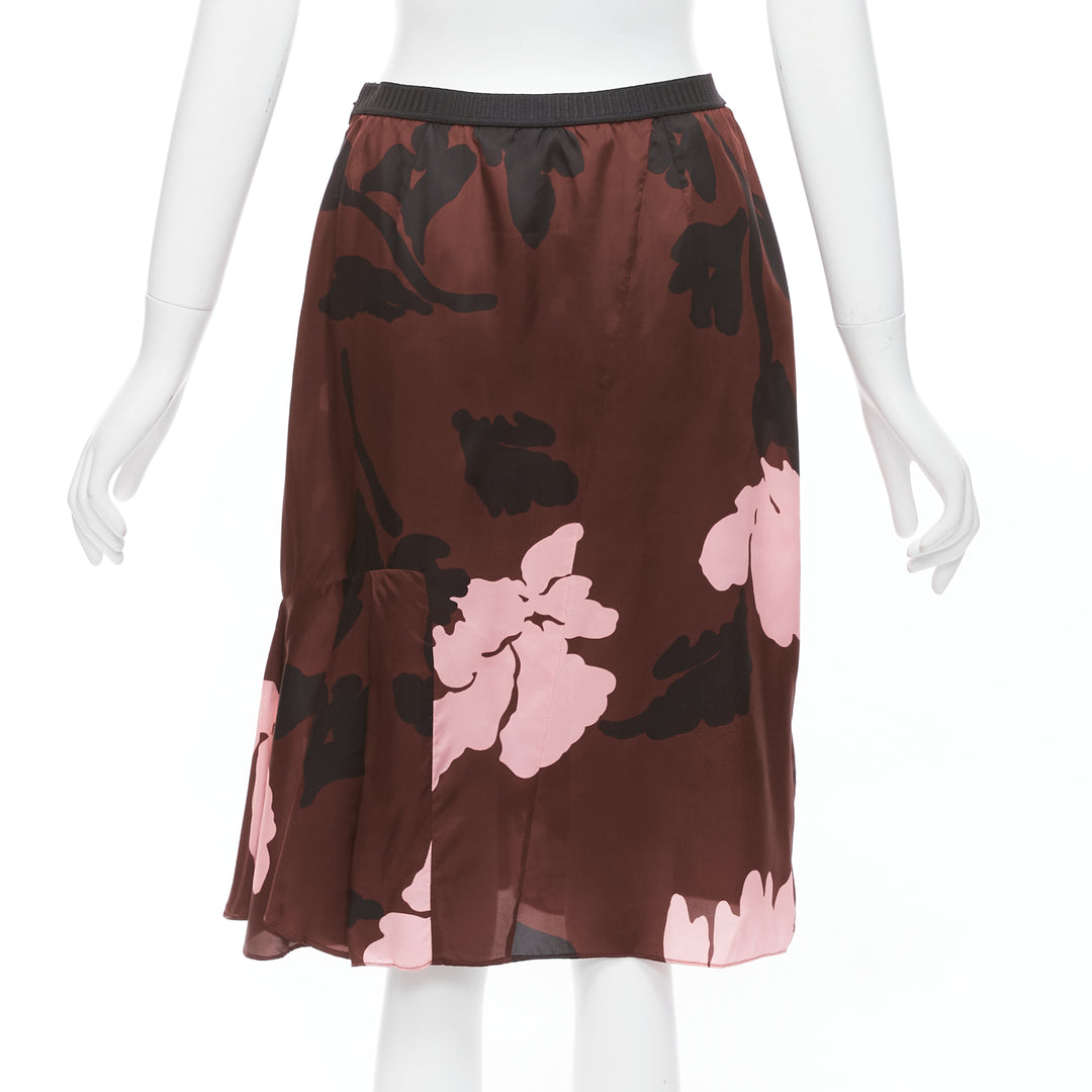 MARNI 2013 brown pink big floral print elastic waistband knee skirt IT40 S