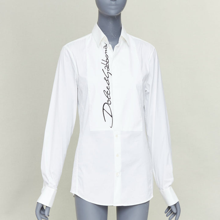 DOLCE GABBANA Sicilia white cotton black logo pleat sleeves shirt EU37 XS