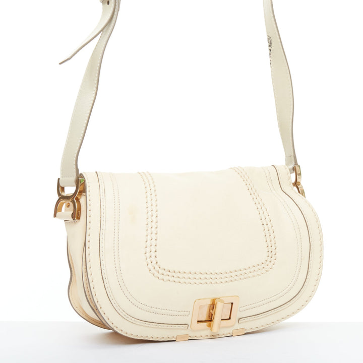 CHLOE Marcie Lock beige leather gold hardware half saddle crossbody bag