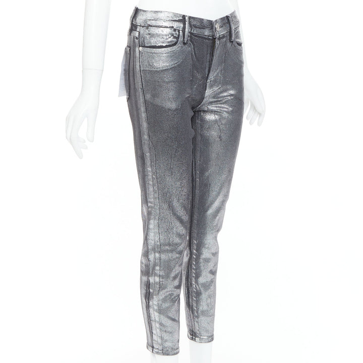 FRAME Le High Skinny Crop metallic silver coated pants 24"