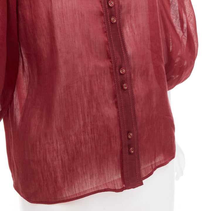 AJE Palms burgundy silk linen puff sleeve raglan multi buttons shirt UK6 XS