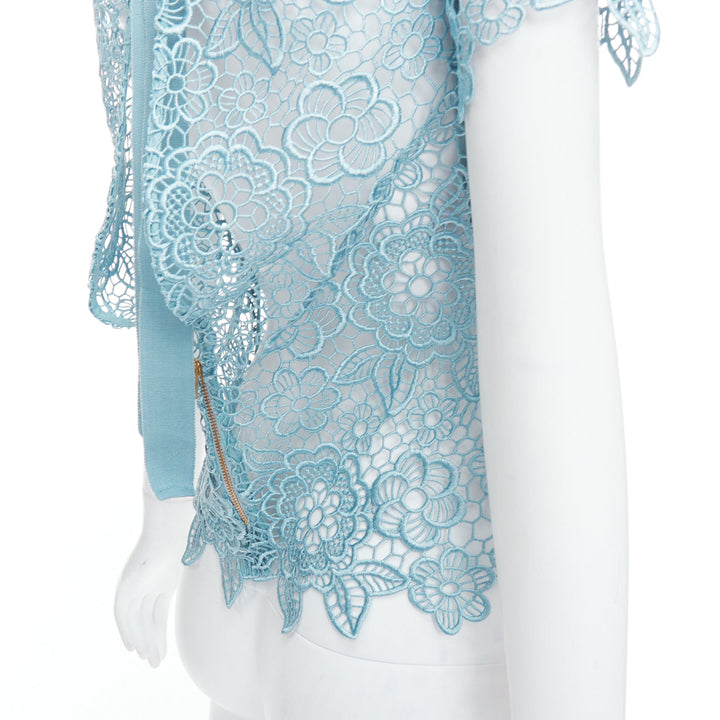 SELF PORTRAIT Guipure sky blue lace open-back scallop top UK6 XS