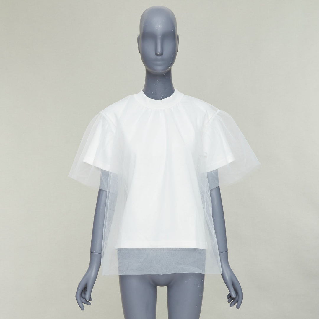 SHUSHU TONG Tulle white cream mesh overlay crew neck short sleeve tshirt UK6 XS