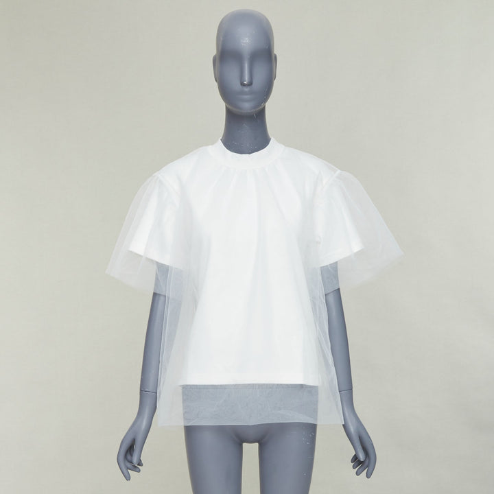 SHUSHU TONG Tulle white cream mesh overlay crew neck short sleeve tshirt UK6 XS