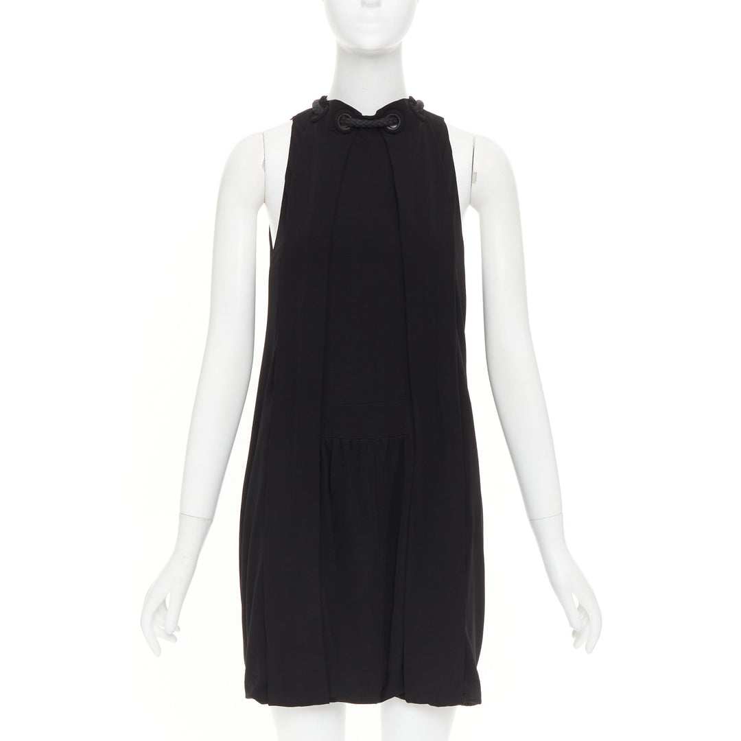 BALENCIAGA 2007 rope eyelet gathered neck black silk drop waist dress FR36 S