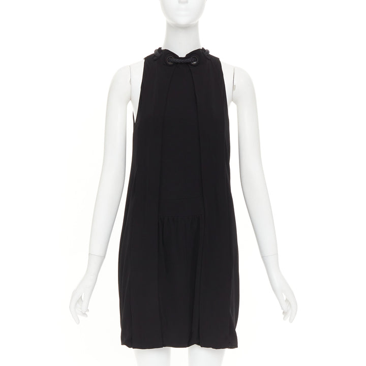 BALENCIAGA 2007 rope eyelet gathered neck black silk drop waist dress FR36 S