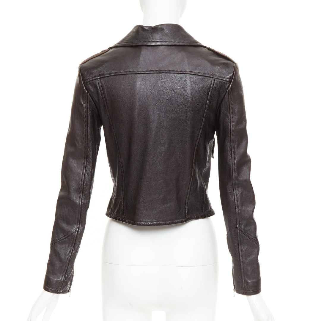 SAINT LAURENT 2016 black lambskin triangular zipper cropped biker jacket FR38