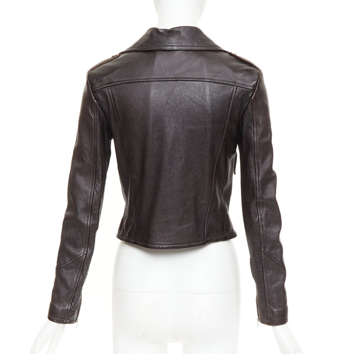 SAINT LAURENT 2016 black lambskin triangular zipper cropped biker jacket FR38