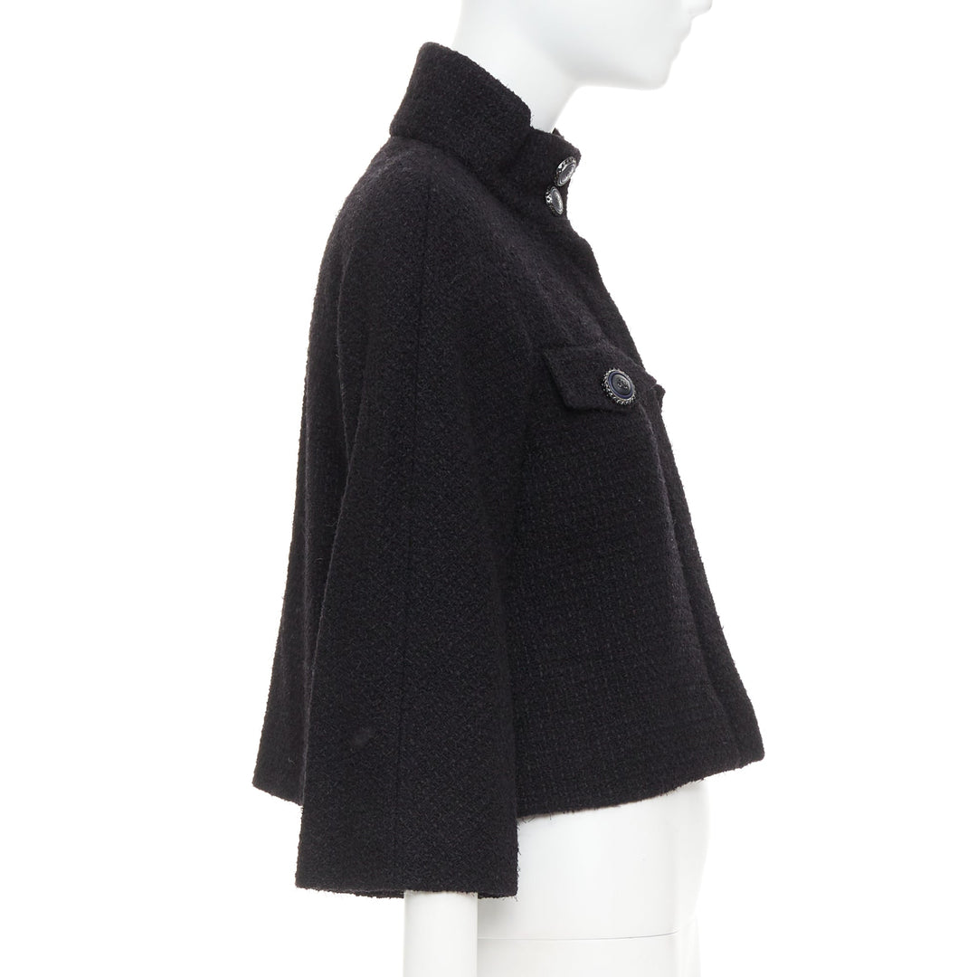 CHANEL 19A black wool tweed CC logo buttons high collar crop jacket FR34 XS