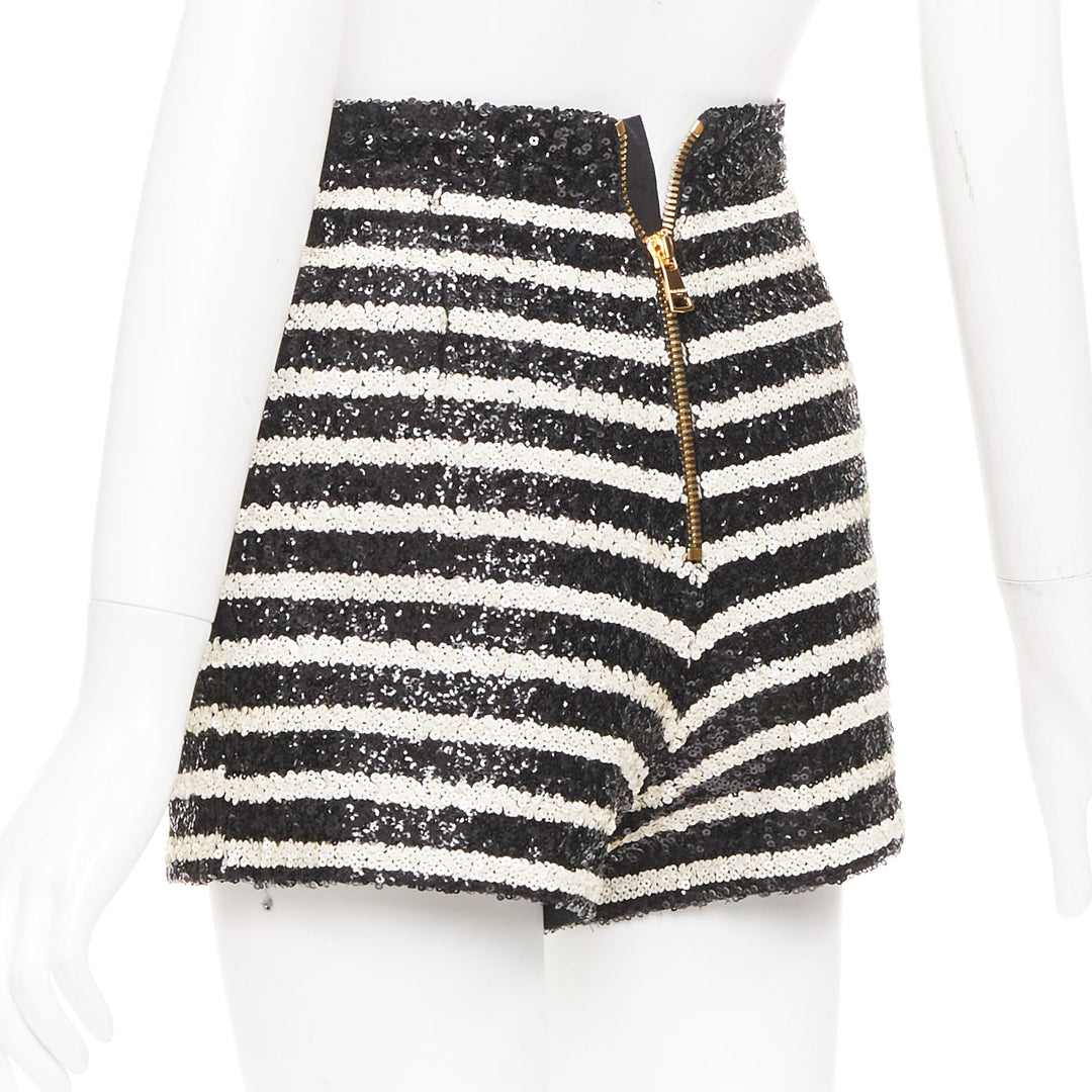 BALMAIN 2024 stripe sequin gold lion button high waist hot shorts FR34 XS