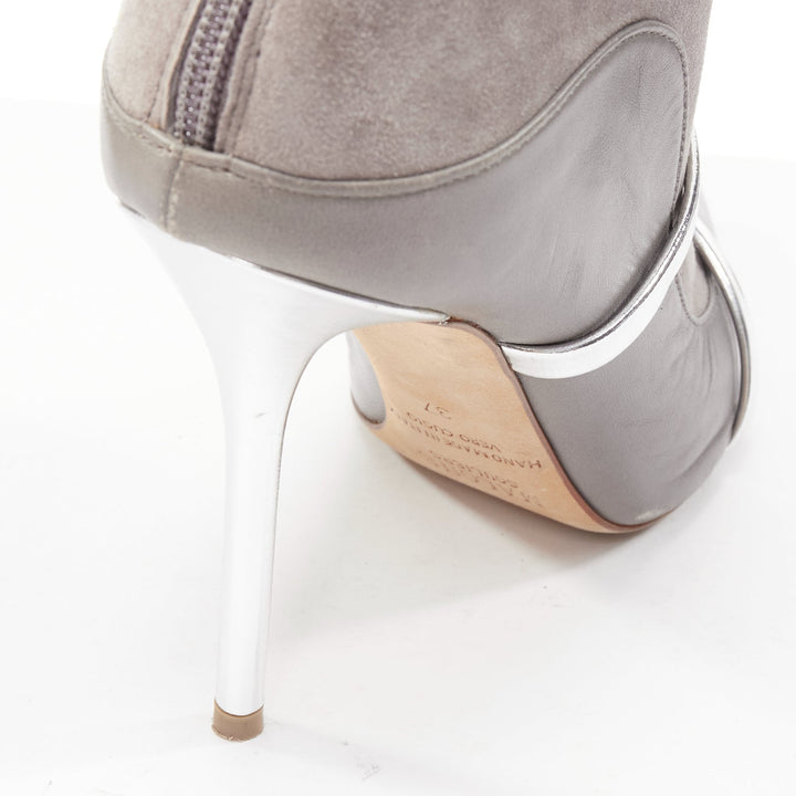 MALONE SOULIERS grey suede silver patent strap stiletto heeled booties EU37