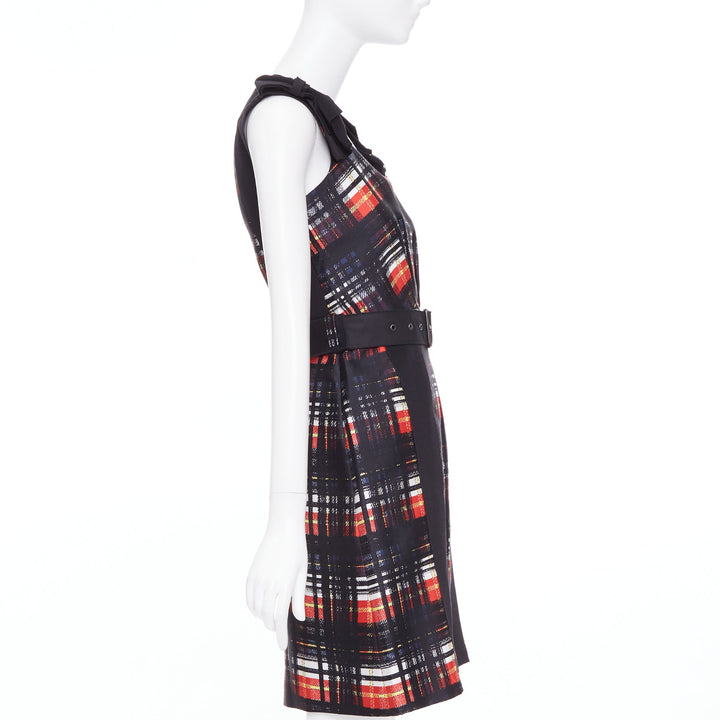 PRADA 2015 Runway Vampire black red wool silk bow shoulder belted dress IT38 XS