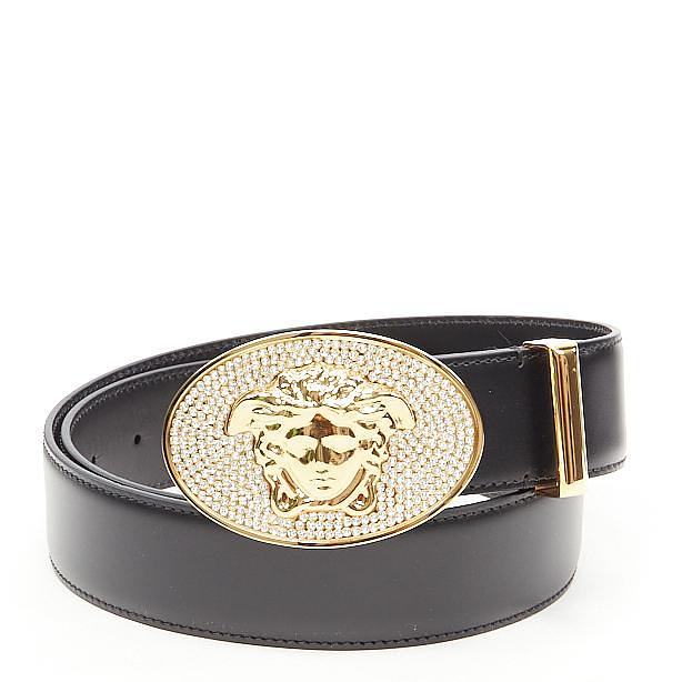 VERSACE La Medusa crystal gold buckle black leather belt 115cm 44-48"