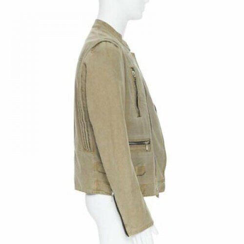 BALMAIN beige khaki washed gridwork cotton asymmetric zip biker jacket L