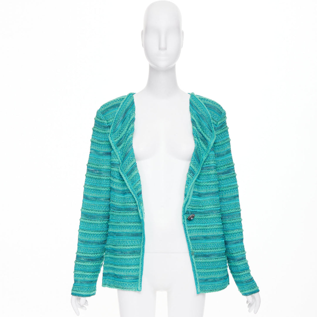 ST JOHN COUTURE turquoise blue multi knit strass button cardigan US14 3XL